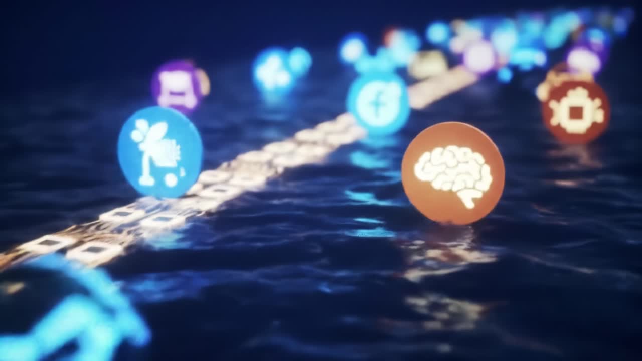Colorful digital symbols drift on the surface of water, illustrating themes of connectivity, communication, and social media interaction. The serene environment contrasts with vibrant symbols.