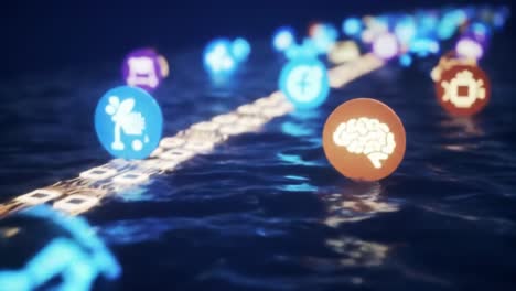 colorful digital symbols drift on the surface of water, illustrating themes of connectivity, communication, and social media interaction. the serene environment contrasts with vibrant symbols.