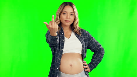 Pregnant,-green-screen-and-woman-with-middle