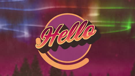 animation of hello text over cloudy night sky and northern lights