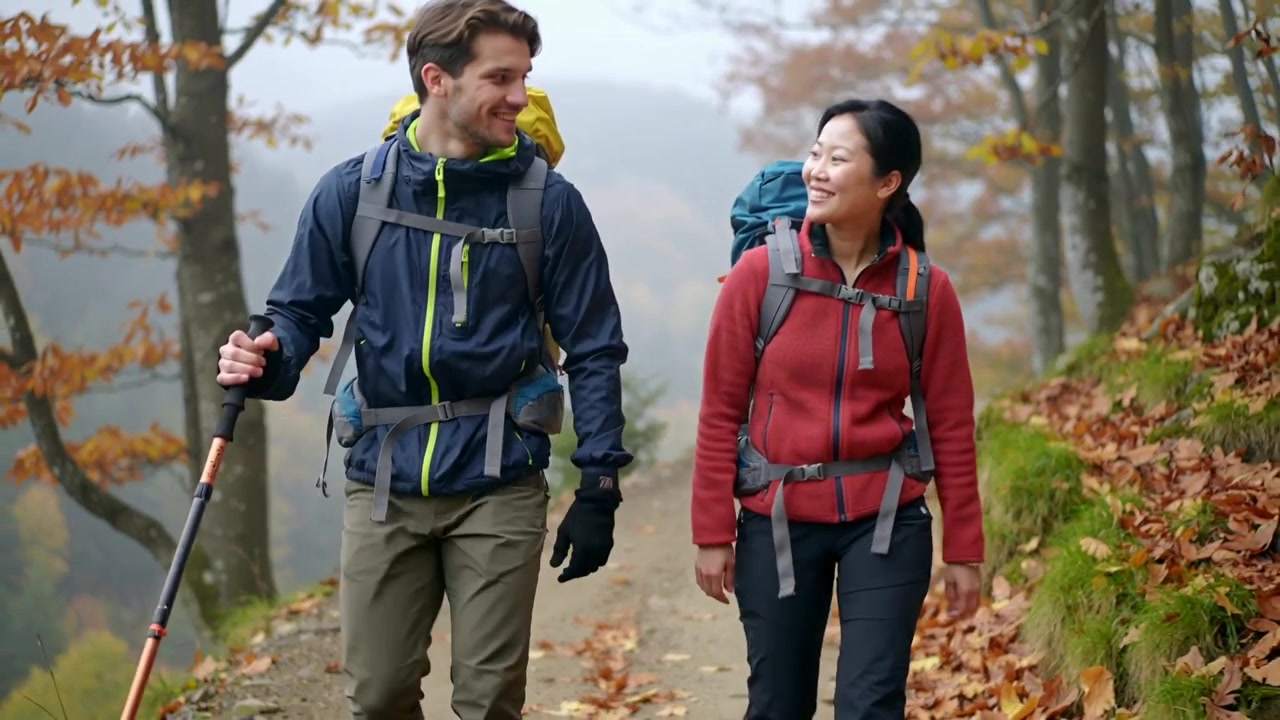 Seguendo una coppia con pile rosso e giacca a vento blu scuro che percorre un sentiero autunnale nebbioso, l'uomo che pianta il bastone da trekking.