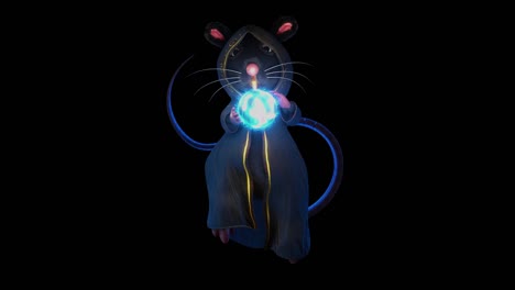 3d renderización de escena de bucle de movimiento tiro amplio cuerpo completo del mago ratones adivino con una bola de cristal mágica en escena azul oscuro con canal alfa en la sección final.