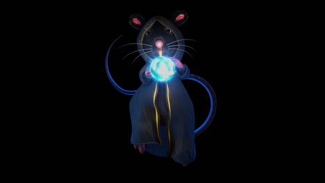 3d rendering motion looping scene wide shot full body of the wizard mice fortune teller with a magic crystal ball in dark blue scene with alpha channel in the end section.