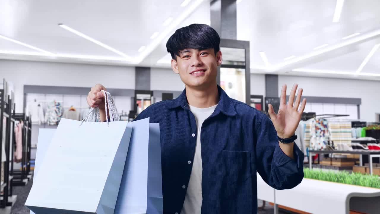 쇼핑몰에서 쇼핑하는 행복한 남자