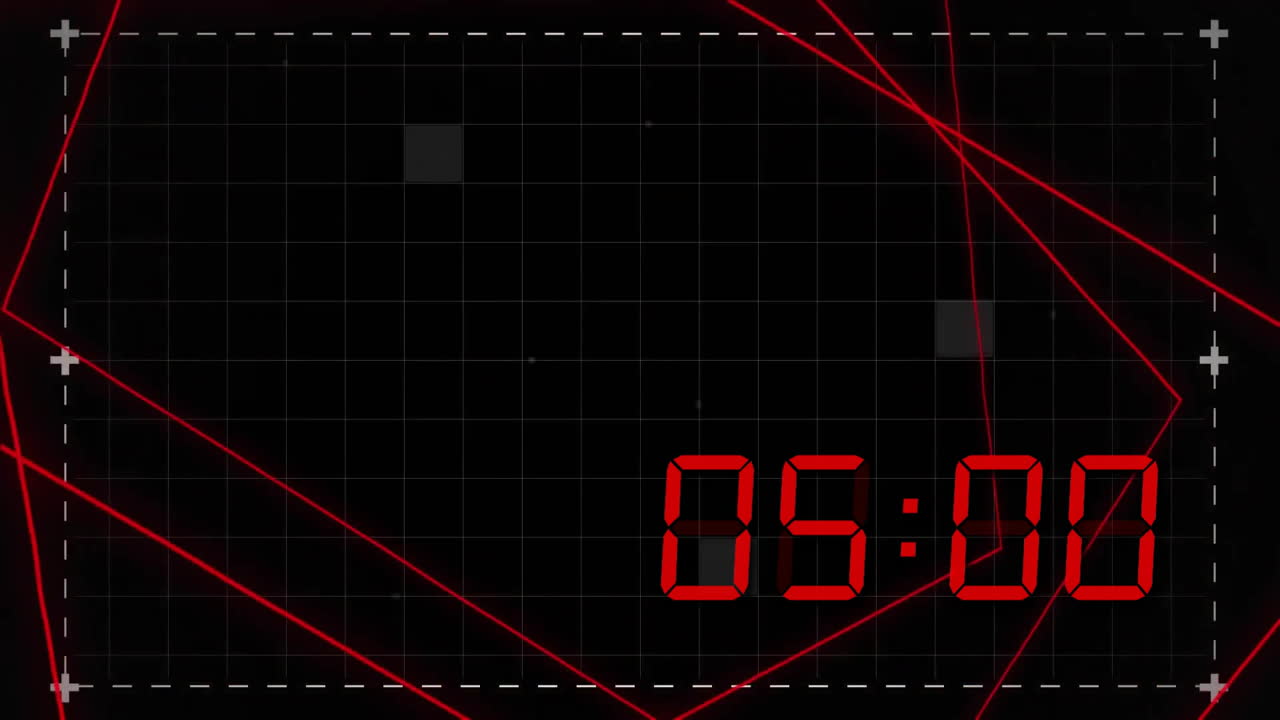 animación de reloj digital rojo cambiando con líneas en fondo negro