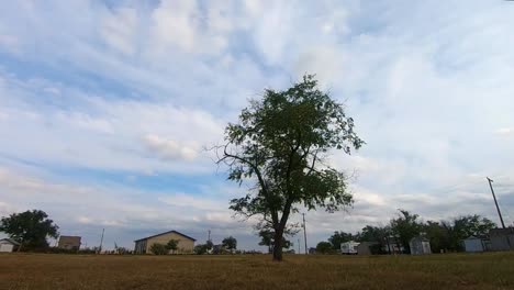 Lapso-De-Tiempo:-Un-Solo-árbol-Enorme-En-Medio-De-Un-Campo-En-El-Campo-En-Un-Día-Soleado-Y-Las-Nubes-Fluyen-En-El-Cielo