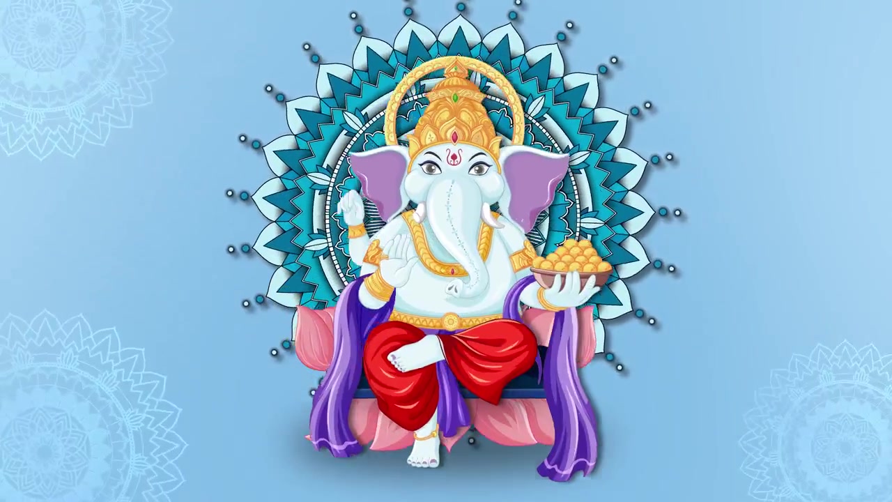Uma ilustração colorida de uma divindade hindu aparece sobre padrões de mandala azuis giratórios em um fundo gradiente