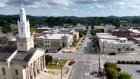 aerial pullout over first baptist church in lenoir nc, north carolina