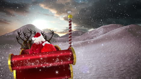 animation of snow falling over santa claus in sleight with reindeer in winter landscape