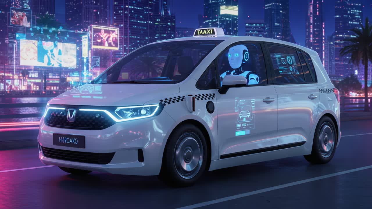 Futuristic Taxi with Holographic Driver in a Neon Cityscape: Exploring Smart Transportation Innovations and Urban Mobility in a High-Tech Environment