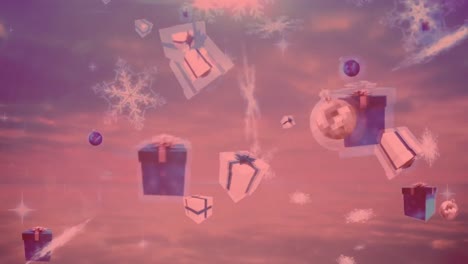 Animation-of-christmas-presents,-balls-and-snow-falling-over-background-with-red-filter