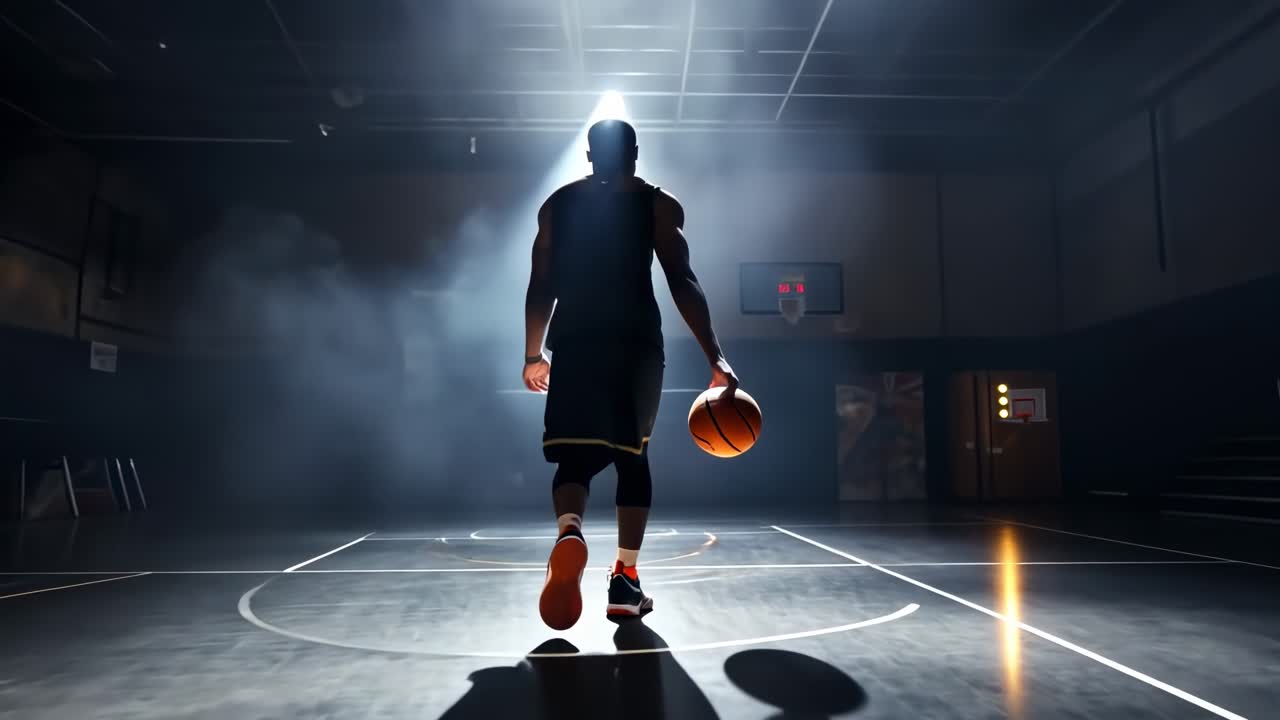Ripresa dal basso di un giocatore di basket che cammina su un campo scarsamente illuminato, creando un'atmosfera drammatica e intensa