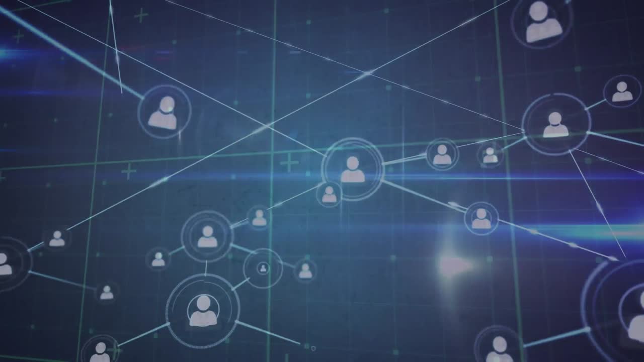 Animation of network of profile icons and light trails against blue background