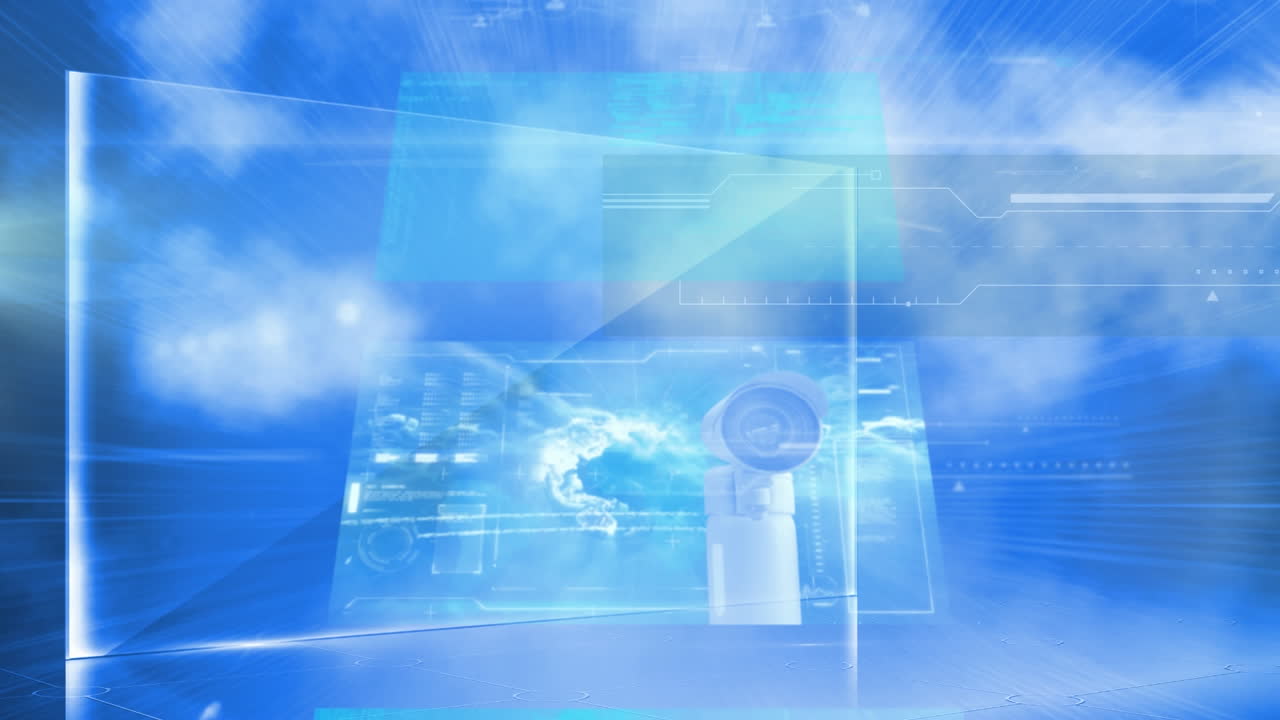 파란 하늘의 구름에 대항하여 데이터 처리를 하는 다중 화면