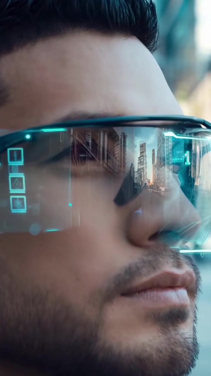 Man Wearing Augmented Reality Glasses with Holographic Display
