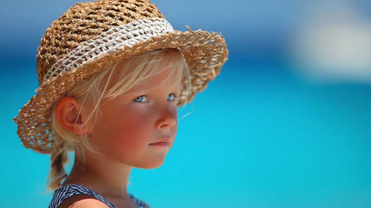 A Young Child with a Straw Hat Enjoying a Bright Sunny Day by the Beach, Capturing the Essence of Summer and Youthful Innocence against a Vivid Blue Background