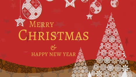 animation of merry christmas and happy new year with embroidered tree on red background