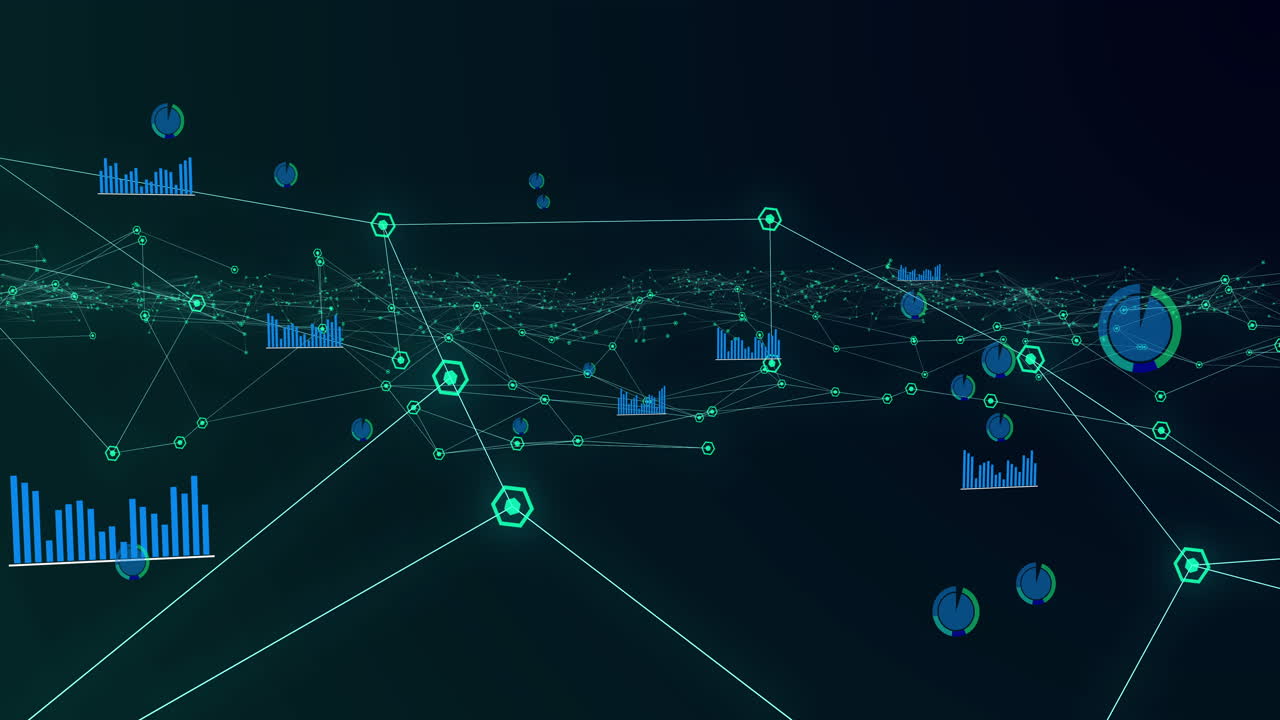 Glowing network of connections and graphs moving against black background