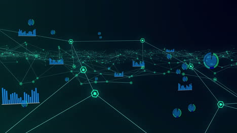 glowing network of connections and graphs moving against black background