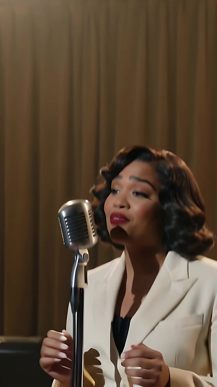 Video verticale: Inquadratura inclinata che mostra una cantante donna in blazer bianco che si esibisce da sola sul palco, con microfono a nastro.