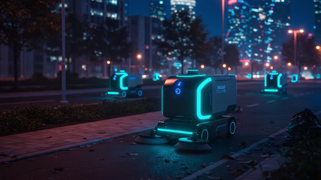 Futuristic Automated Cleaners Navigate a Nighttime Urban Environment, Showcasing Advanced Technology and Efficient Street Maintenance in a Vibrant City Setting