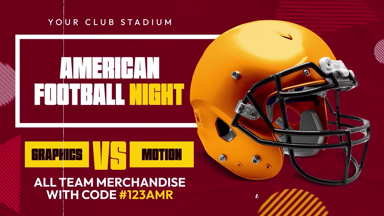 Promozione della serata di football americano con casco e grafica in movimento.