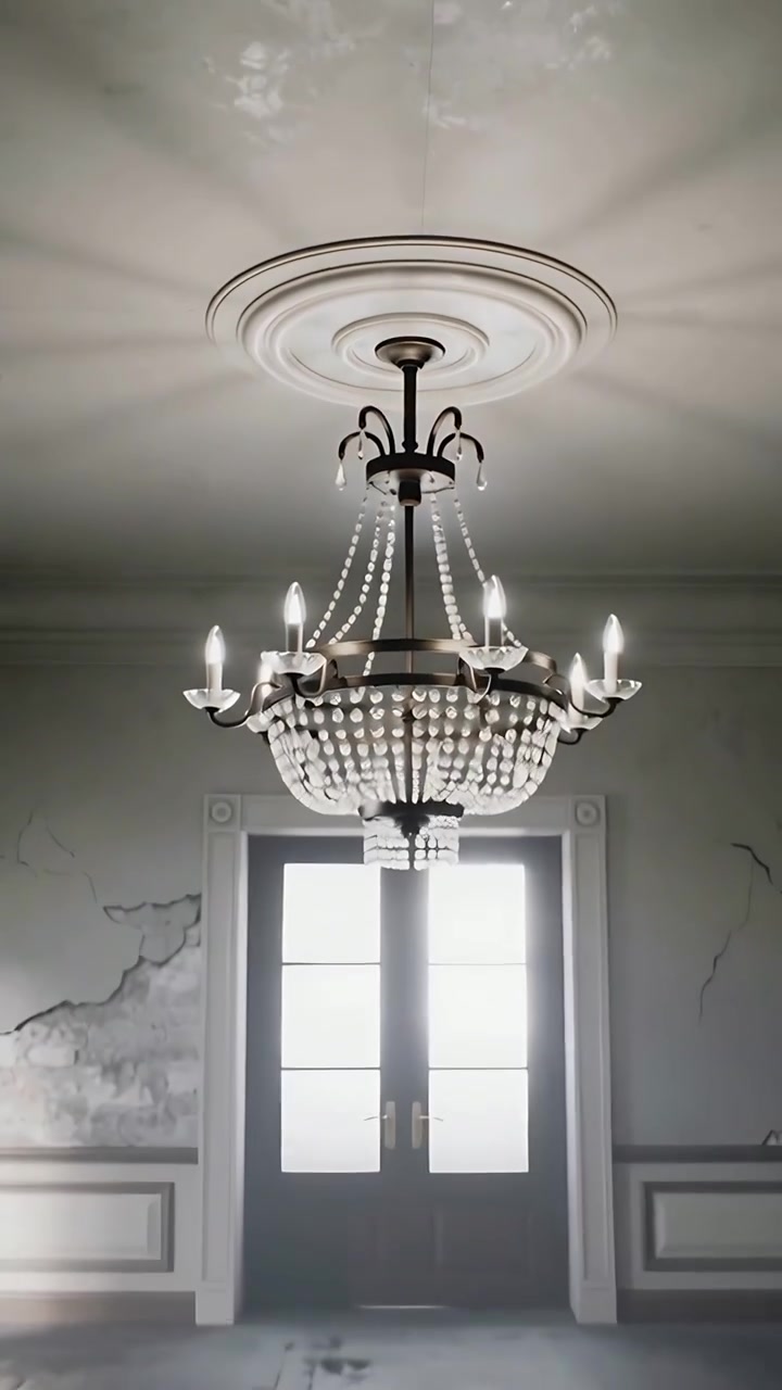 Vertical video: Pulling back camera showing chandelier in foyer, revealing worn plaster