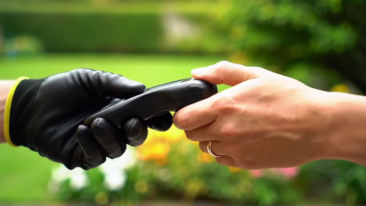 A Mysterious Gloved Hand Holding an Object in a Vibrant Garden Scene, Capturing the Intrigue of an Unknown Action with Colorful Flowers in the Background