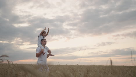 daddy carries on his shoulders his beloved little healthy daughter in sun. in slow motion the daughter walks with her father on the field and free and happy waves her hands up. walking in field.