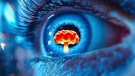 a close up of a person's eye with a nuclear explosion in the iris