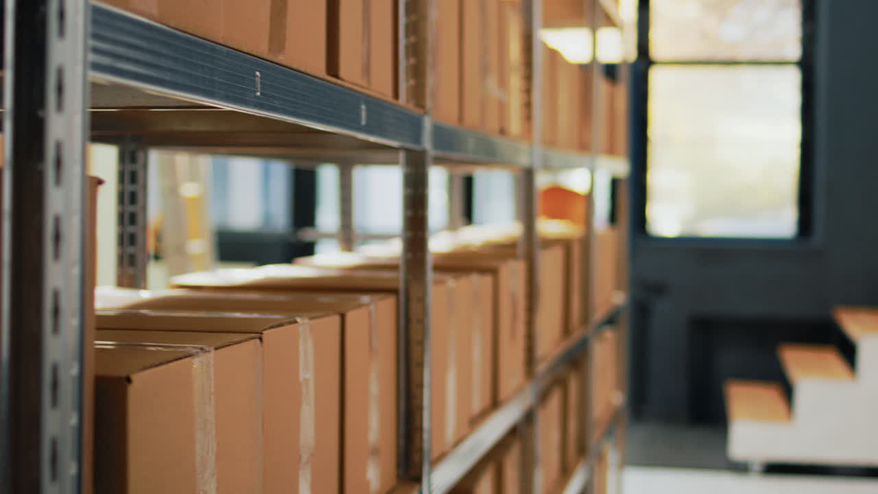 Warehouse shelves with cardboard boxes