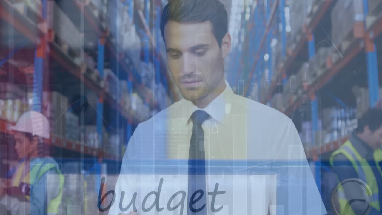 창고의 다양한 사람들에 대한 금융 데이터 처리 애니메이션