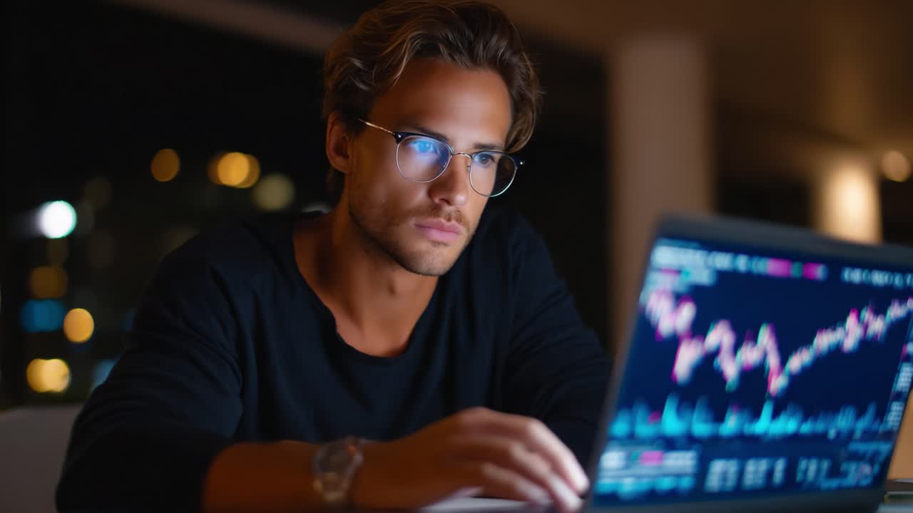 A focused individual analyzes stock market trends on a laptop late at night, illuminated by the bright screen displaying financial graphs and data, reflecting the dedication to trading and investment