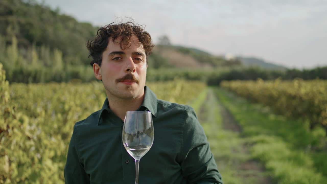 Primo piano verticale di un viticoltore che beve vino nel vigneto. Sommelier che degusta vino.