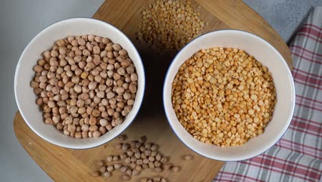 turkish chickpeas and yellow peas. high protein legumes,beans and lentils for vegetarians.circular rotation on the table.