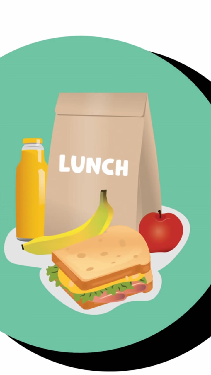 Animation of lunch bag and food items icon over round banner with copy space on white background