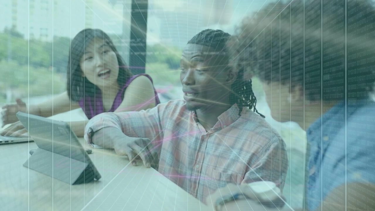 Center speaker starting talk gesturing to tablet as team reacting charts guiding business decision