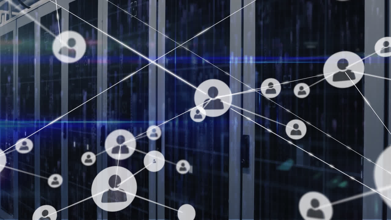 Animation of icons connected with lines and lens flares over server room