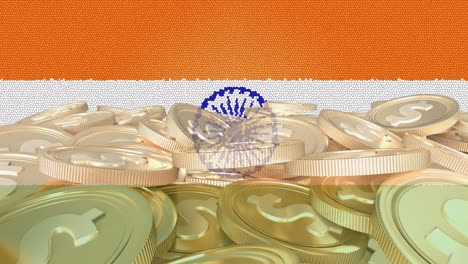 Animation-Der-Flagge-Indiens-über-Einem-Stapel-Goldmünzen