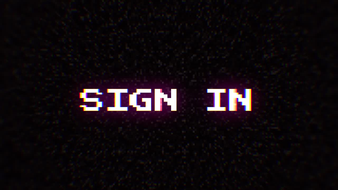 Intentional digital artifact injection fx animation, decoding a noisy scambled 8-bit text: sign in
