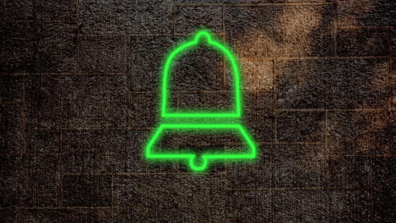 벽돌 벽에 박이는 네온 종 알림 아이콘의 애니메이션