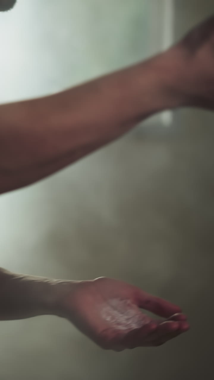 hombre aplaude las manos extendiendo la nube de polvo de talco en el gimnasio de primer plano. boxeador utiliza producto de talco para las palmas en el club de artes marciales en cámara lenta. suministros deportivos