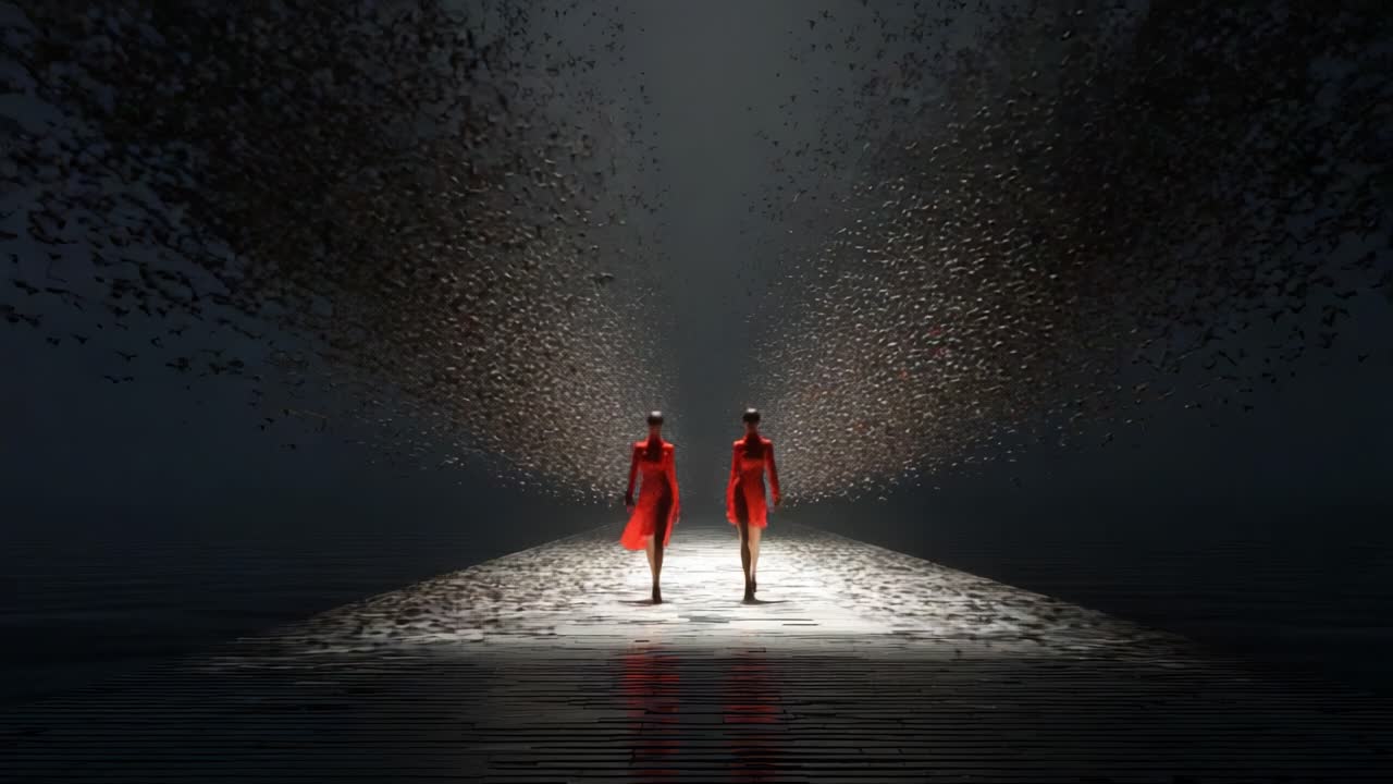 A surreal display of elegance and grace as two figures in vibrant red dresses traverse a captivating pathway, surrounded by a mesmerizing flow of shimmering particles in the darkness
