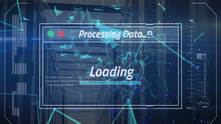 Animation of data processing and loading bar with shapes over server room
