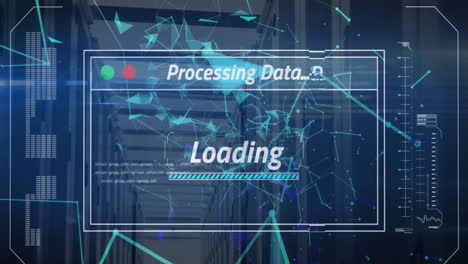 animación del procesamiento de datos y la barra de carga con formas sobre la sala del servidor