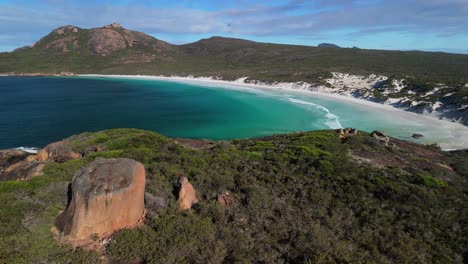static drone shot looking over thistle cove, cape le grand national park in western australia