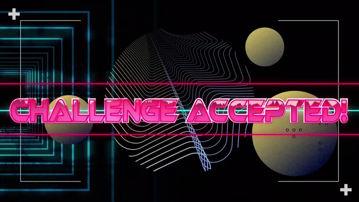 Animation of challenge accepted text over neon shapes on dark background