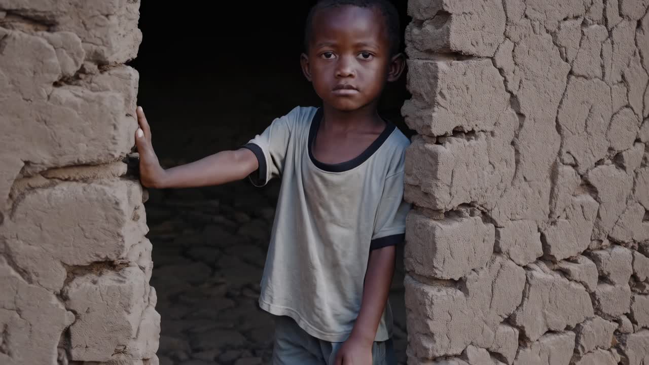 Sad african child standing at house doorway, gazing directly with serious expression revealing childhood hardship and resilience in rural village environment