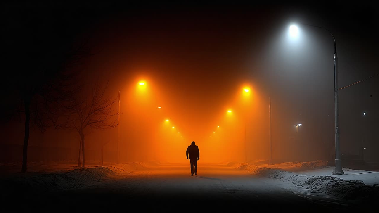 A solitary figure walks down a foggy street illuminated by warm orange streetlights, creating a mysterious and atmospheric scene of solitude and contemplation