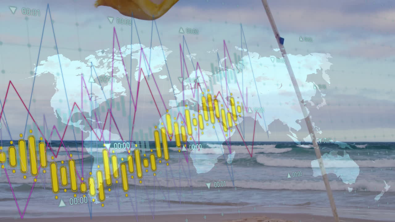 Graphs and world map animation over beach scene with ocean waves